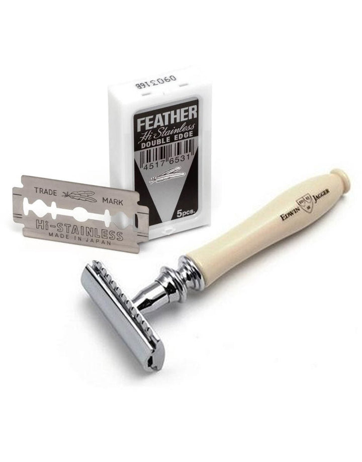 Edwin Jagger - Chatsworth Collection - Imitation Ivory Double Edge Safety Razor & Feather Blades SGPomades Discover Joy in Self Care