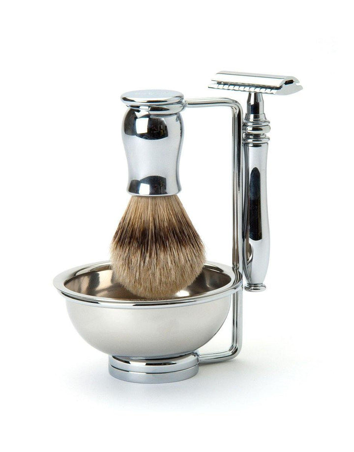 Edwin Jagger - Chatsworth Collection - Smooth Chrome Double Edge Safety Razor & Silver Tip Badger - 4 Piece Shaving Gift Set - SGPomades Discover Joy in Self Care
