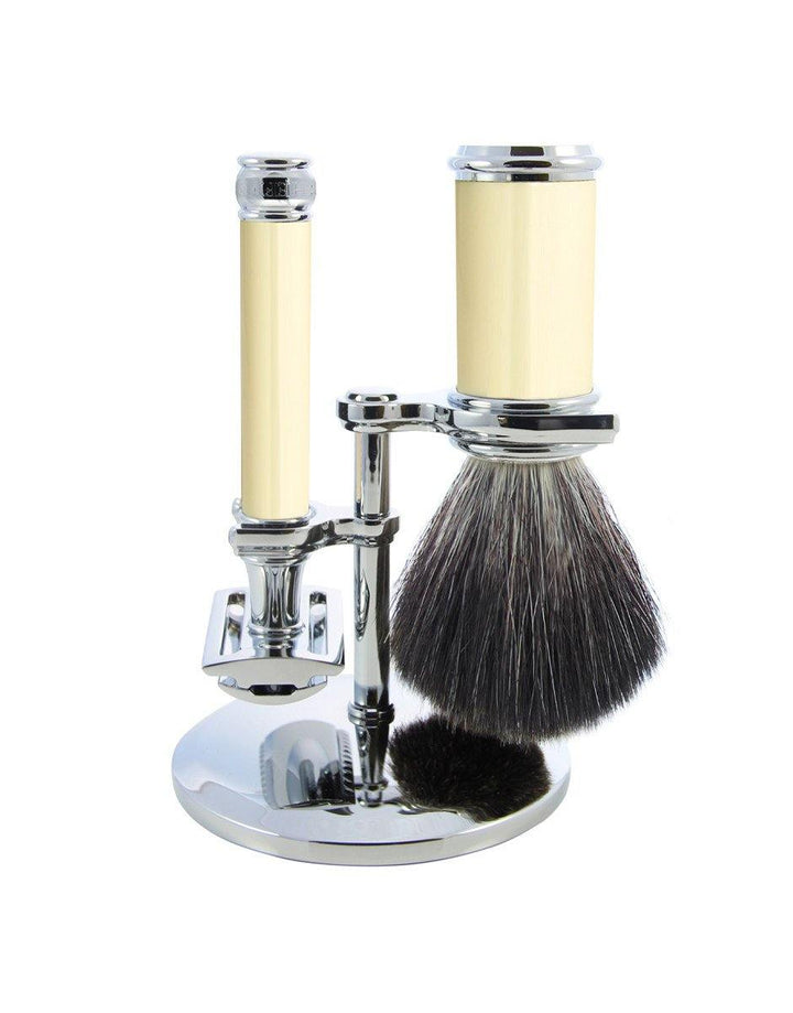 Edwin Jagger - DE Series - Imitation Ivory & Chrome Double Edge (Black Synthetic Brush) - 3 Piece Shaving Gift Set - SGPomades Discover Joy in Self Care
