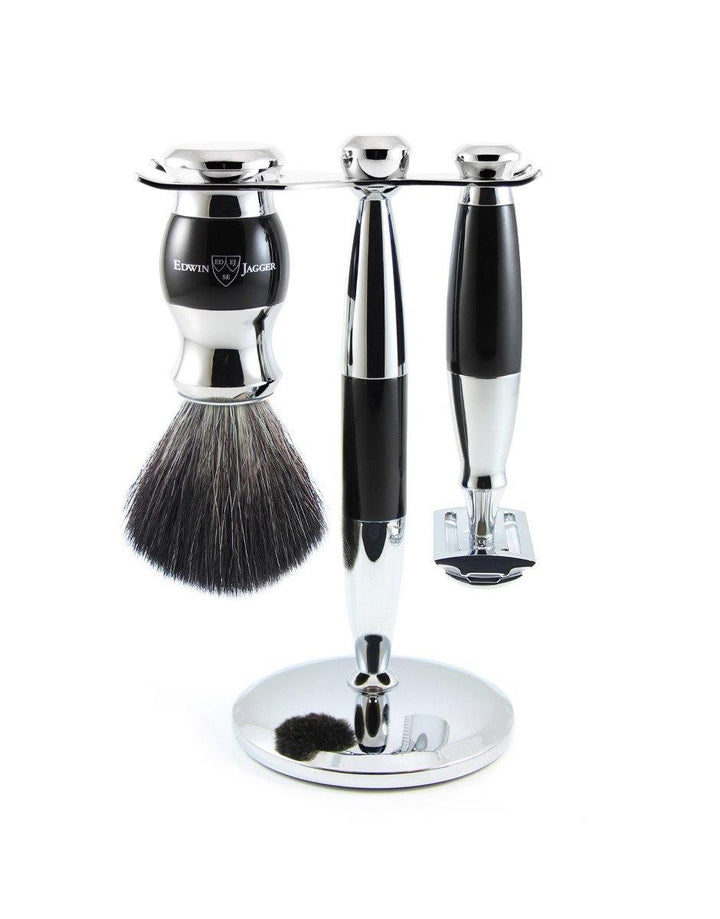 Edwin Jagger - Diffusion 36 Range - Imitation Ebony & Chrome Double Edge (Black Synthetic Brush) - 3 Piece Shaving Gift Set - SGPomades Discover Joy in Self Care