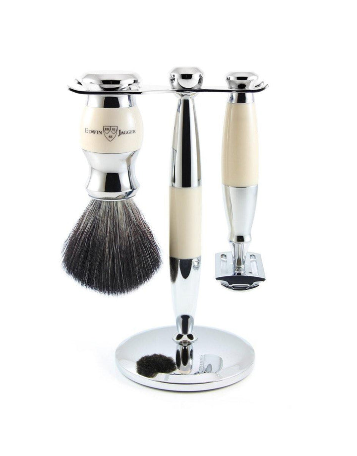 Edwin Jagger - Diffusion 36 Range - Imitation Ivory & Chrome Double Edge (Black Synthetic Brush) - 3 Piece Shaving Gift Set - SGPomades Discover Joy in Self Care