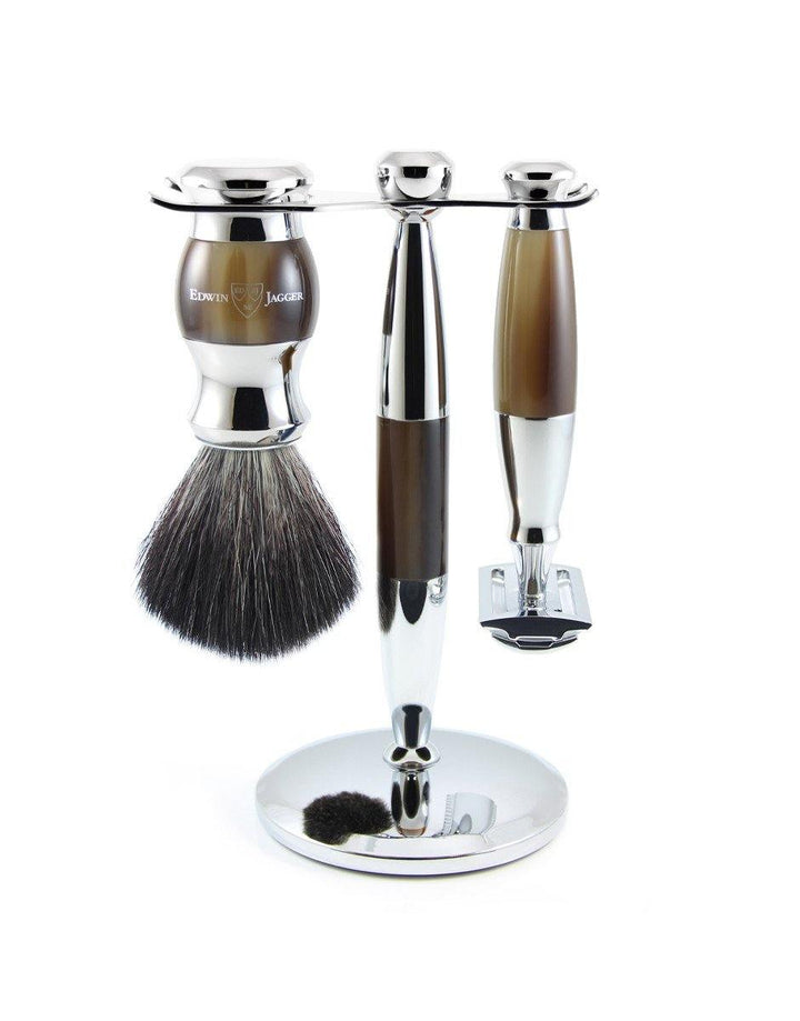 Edwin Jagger - Diffusion 36 Range - Imitation Light Horn & Chrome Double Edge (Black Synthetic Brush) - 3 Piece Shaving Gift Set - SGPomades Discover Joy in Self Care