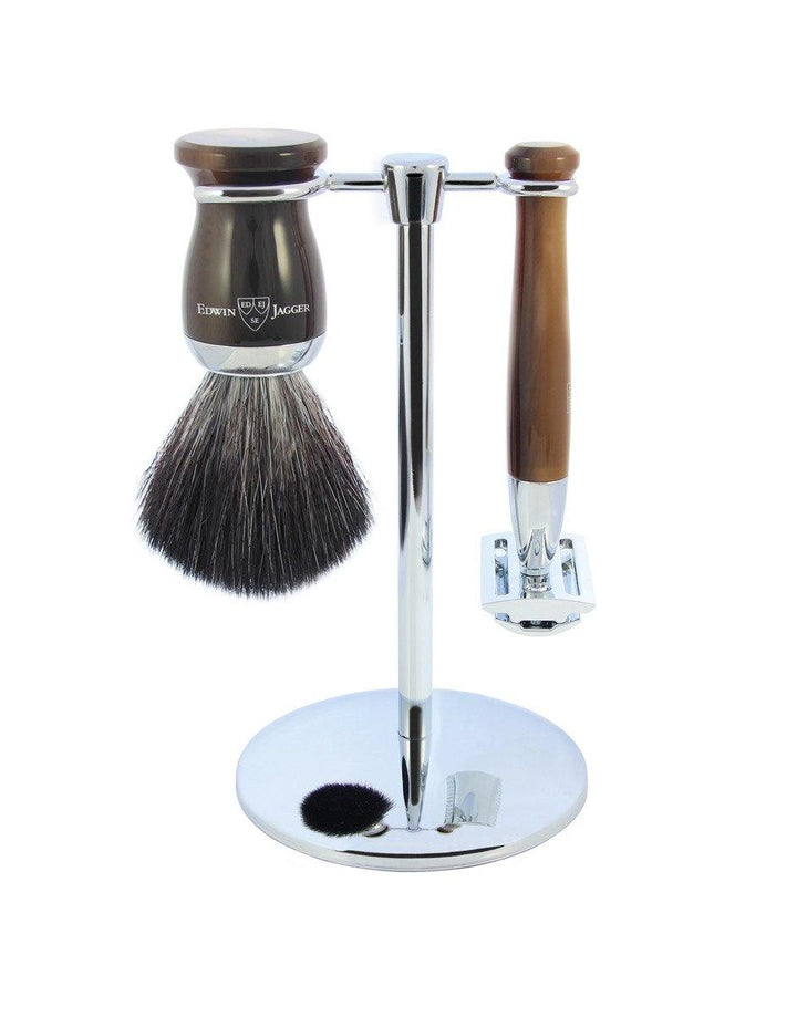 Edwin Jagger - Diffusion 72 Range - Imitation Light Horn & Chrome Double Edge (Black Synthetic Brush) - 3 Piece Shaving Gift Set - SGPomades Discover Joy in Self Care