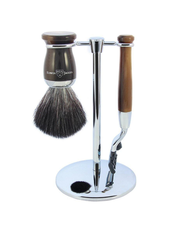 Edwin Jagger - Diffusion 72 Range - Imitation Light Horn & Chrome Gillette® Mach3® (Black Synthetic Brush) - 3 Piece Shaving Gift Set - SGPomades Discover Joy in Self Care