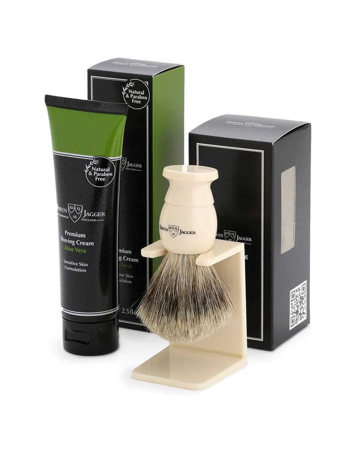 Edwin Jagger Imitation Ivory Synthetic Brush, Shaving Cream Gift Set (Aloe Vera) - SGPomades Discover Joy in Self Care