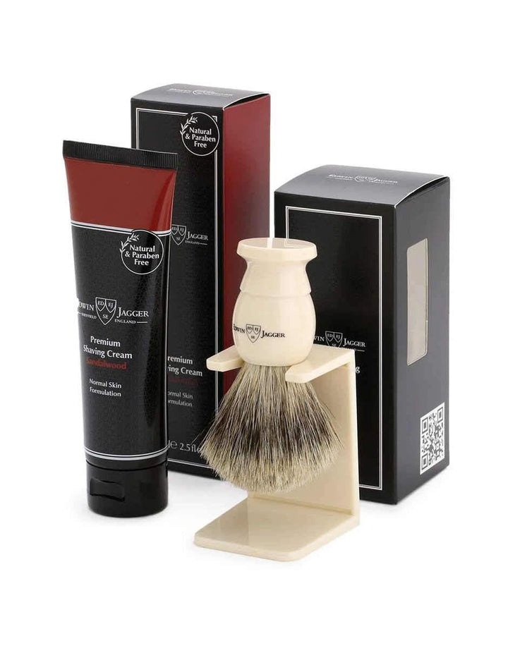 Edwin Jagger Imitation Ivory Synthetic Brush, Shaving Cream Gift Set (Sandalwood) - SGPomades Discover Joy in Self Care