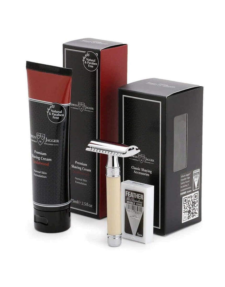 Edwin Jagger DE87 Imitation Ivory Razor, Shaving Cream Gift Set (Sandalwood) - SGPomades Discover Joy in Self Care