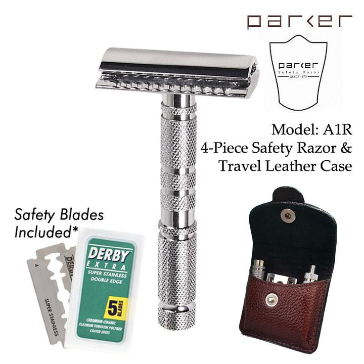 Parker A1R - 4 Piece Travel Safety Double Edge Razor with Leather Case - SGPomades Discover Joy in Self Care