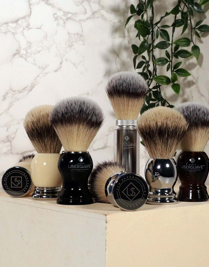 Ubersuave Eco-Razor Black & Chrome Imitation Ebony Shaving Brush (Synthetic Silvertip) SGPomades Discover Joy in Self Care