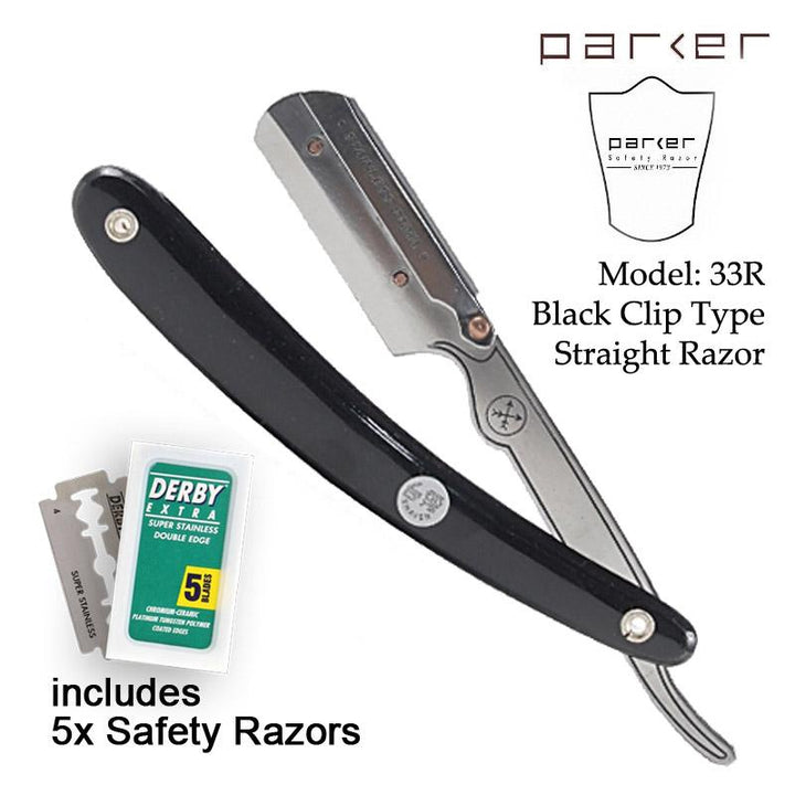 Parker 33R - Black Resin Handle Stainless Steel Clip Type Straight Edge Razor - SGPomades Discover Joy in Self Care