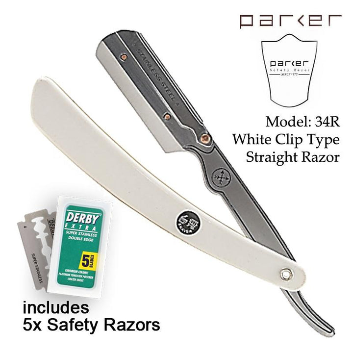 Parker 34R - White Resin Handle Stainless Steel Clip Type Straight Edge Razor - SGPomades Discover Joy in Self Care