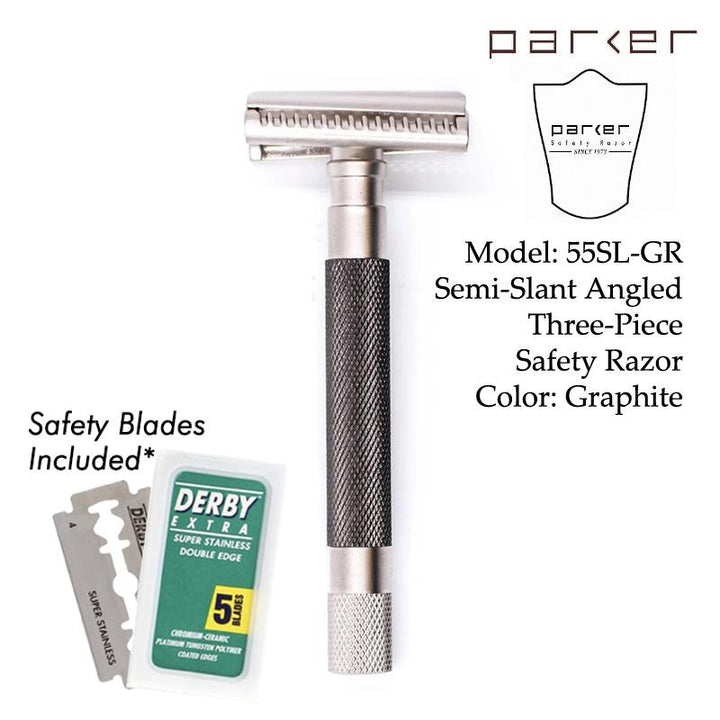Parker 55SL-GR -  Semi-Slant Safety Double Edge Razor Satin Graphite - SGPomades Discover Joy in Self Care