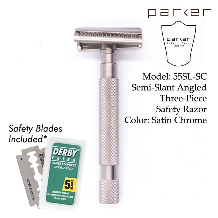 Parker 55SL-SC -  Semi-Slant Safety Double Edge Razor Satin Chrome - SGPomades Discover Joy in Self Care