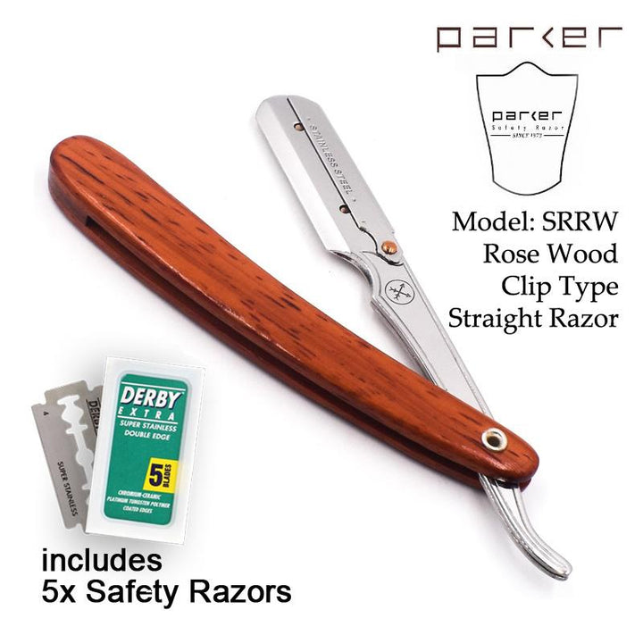Parker SRRW- Rosewood Handle Stainless Steel Clip Type Straight Edge Razor - SGPomades Discover Joy in Self Care