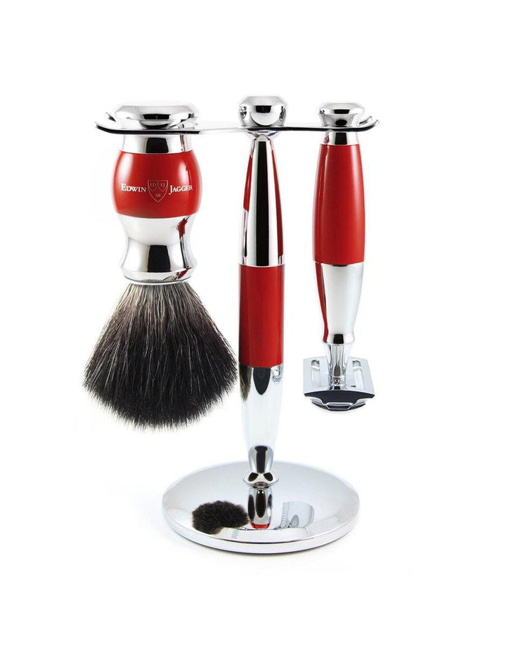 Edwin Jagger - Diffusion 36 Range - Red & Chrome Double Edge (Black Synthetic Brush) - 3 Piece Shaving Gift Set - SGPomades Discover Joy in Self Care