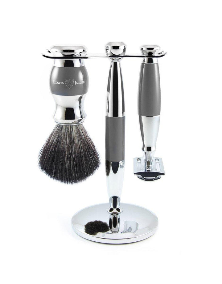 Edwin Jagger - Diffusion 36 Range - Grey & Chrome Double Edge (Black Synthetic Brush) - 3 Piece Shaving Gift Set - SGPomades Discover Joy in Self Care