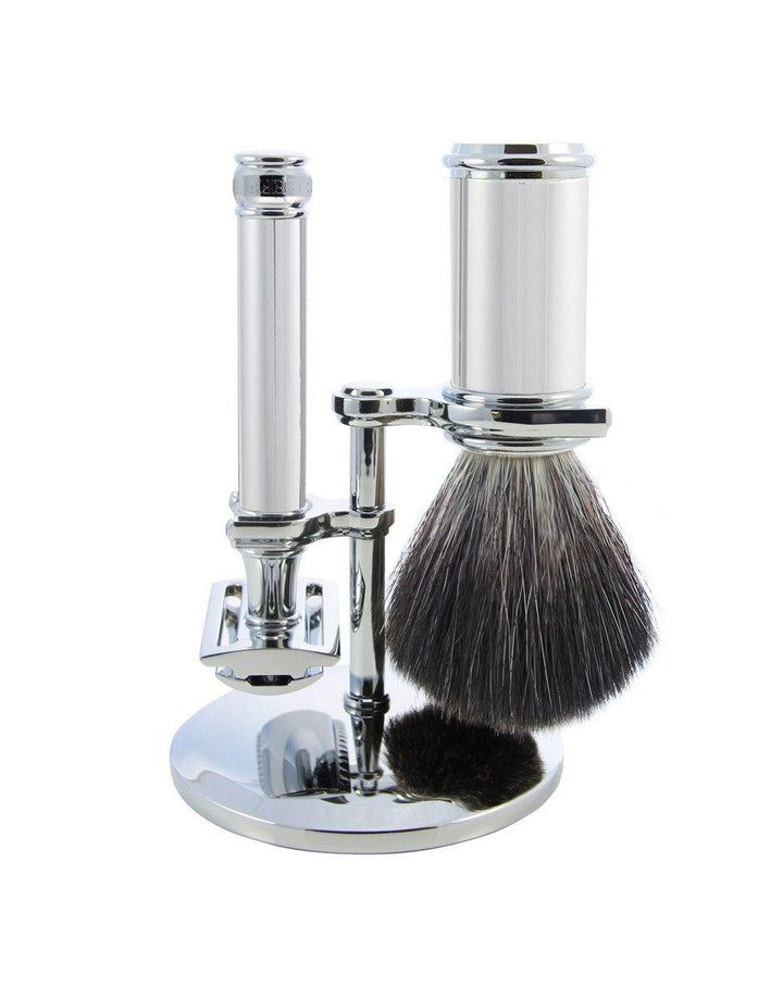 Edwin Jagger - DE Series - Chrome Double Edge (Black Synthetic Brush) - 3 Piece Shaving Gift Set - SGPomades Discover Joy in Self Care