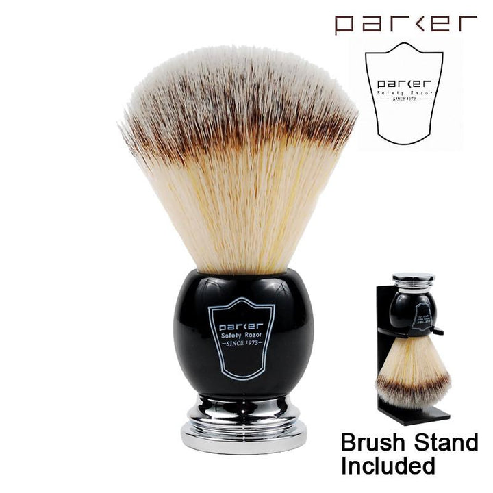 Parker Black & Chrome Handle Synthetic Bristle Shaving Brush with Brush Stand - Welcome to SGPomades